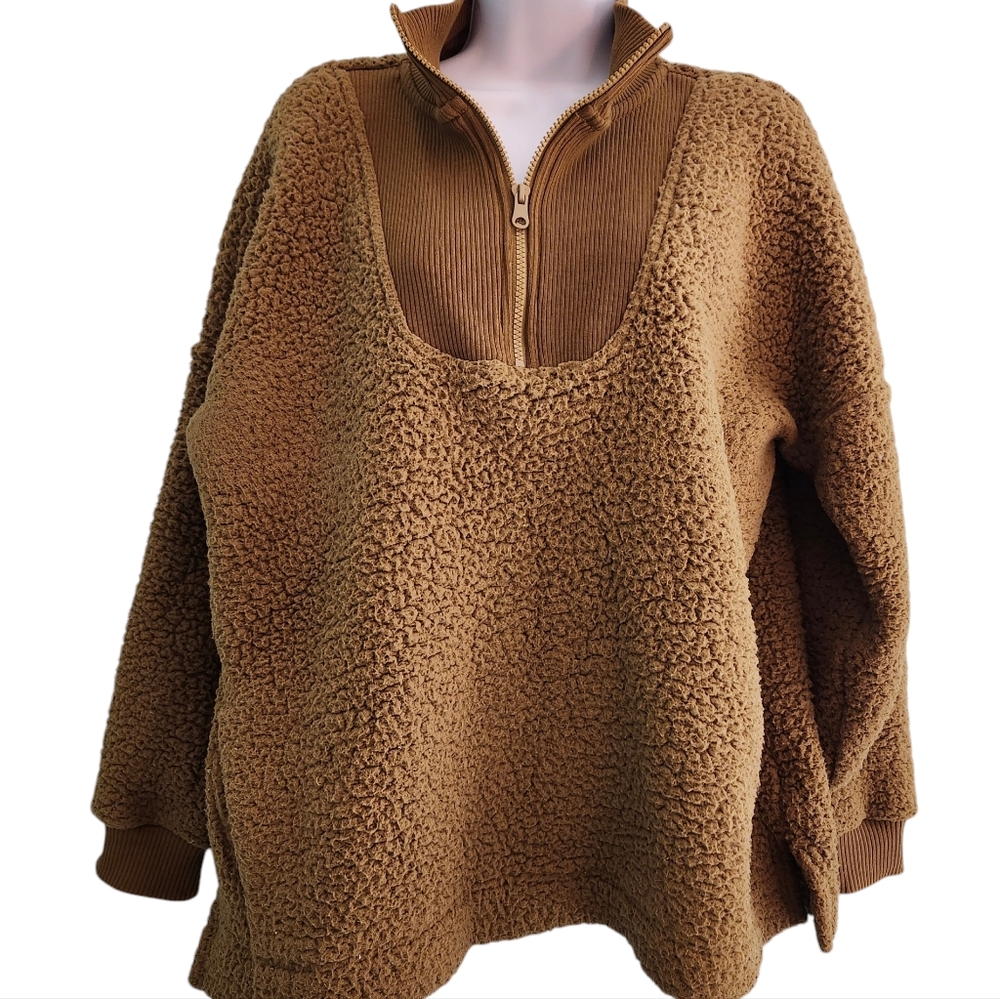 Aerie Dream Sherpa Quarter Zip Sweatshirt‎ Dijon Brown Oversized women's small
